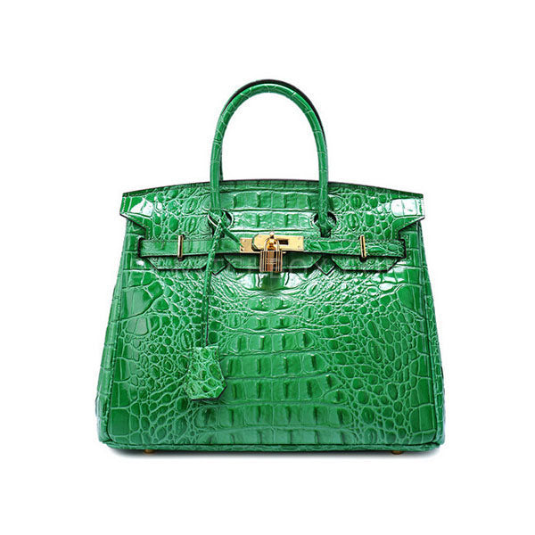 Crocodile Pattern Lock Leather Satchel