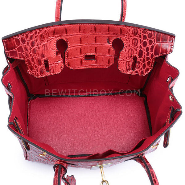 Crocodile Pattern Lock Leather Satchel